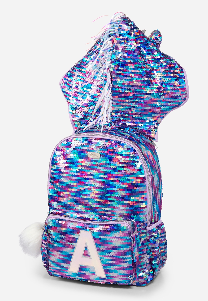 unicorn initial flip sequin backpack