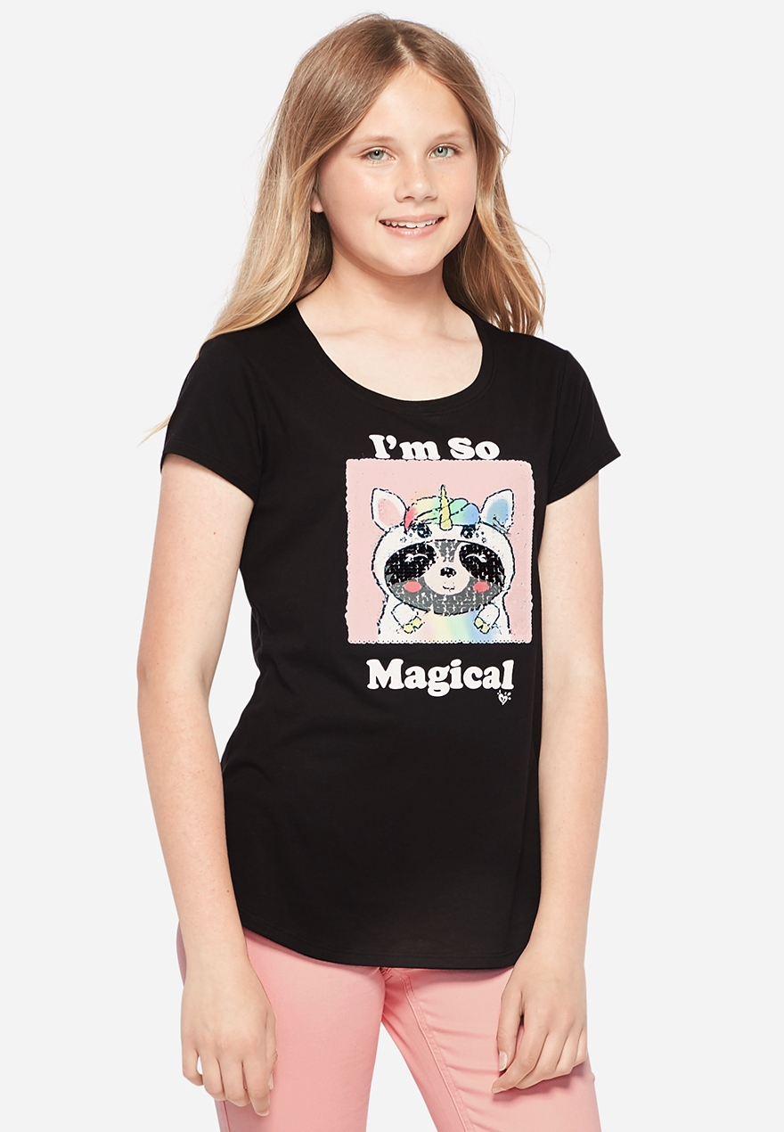 Raccoon Unicorn Flip Sequin Girls Grahic Tee | Justice