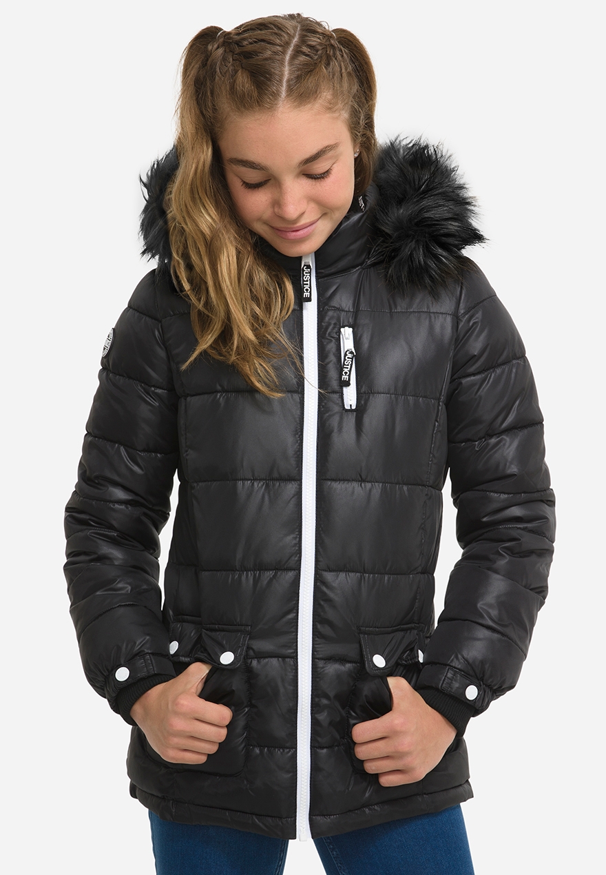 girls black coat fur hood