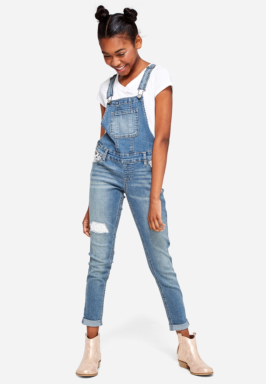 girls distressed overalls