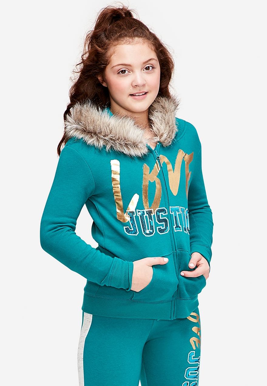 faux fur trim hooded sweatshirt